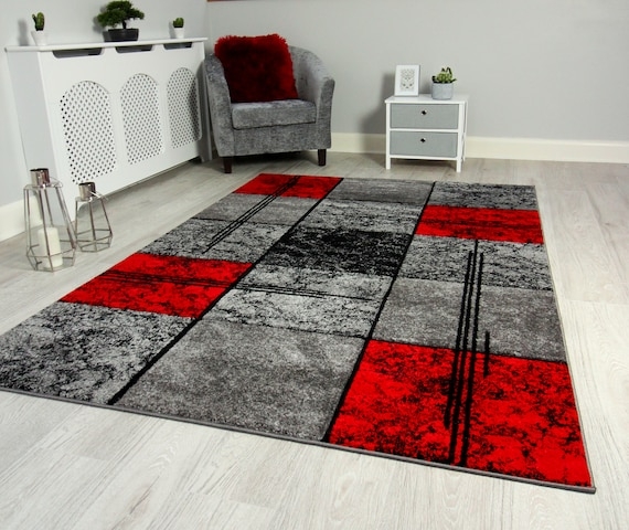 Area Rug Linear Accents Red and Grey Geometric Design