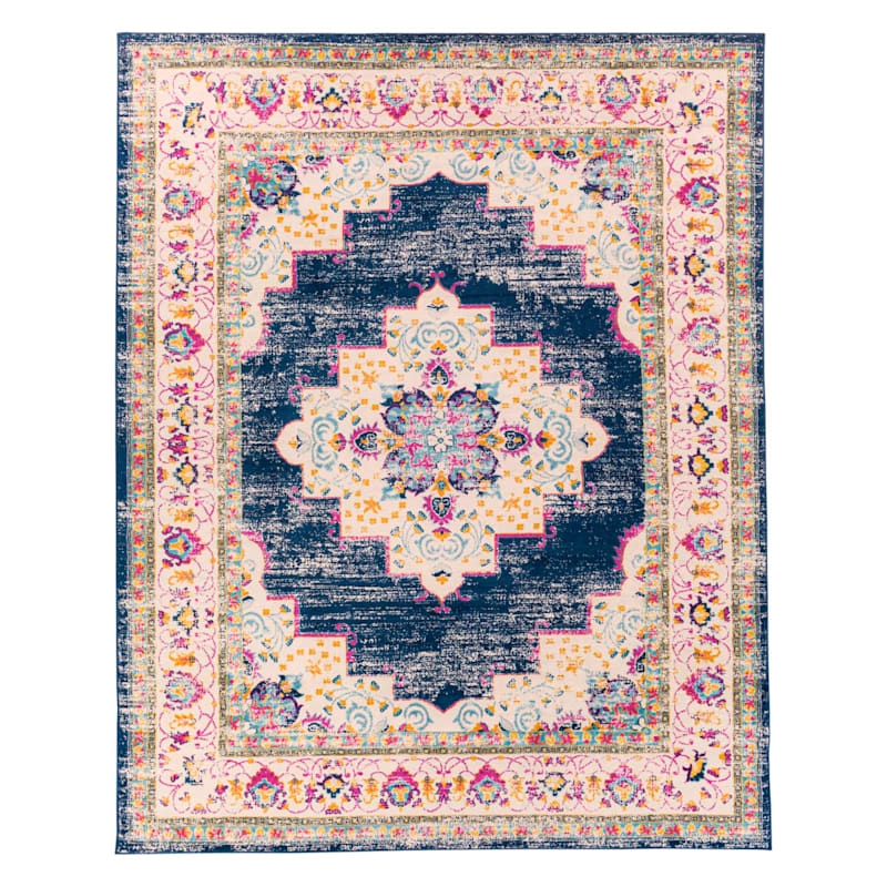 Area Rug Magenta Accents Navy Medallion Traditional Rug