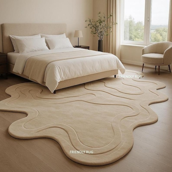 Area Rug Modern Amoeba High Low Pile Topographical Beige