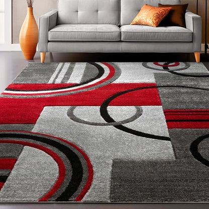 Area Rug Overlapping Arcs Layered Motif Ruby Red Design