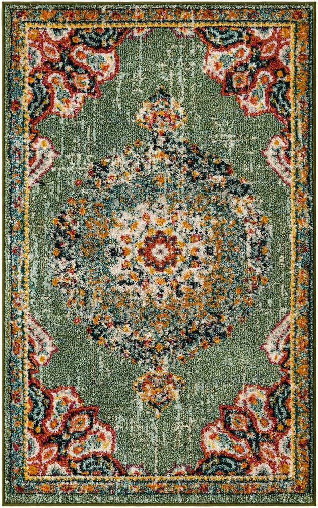 Area Rug Sage Green Base Distressed Medallion Vintage Decor