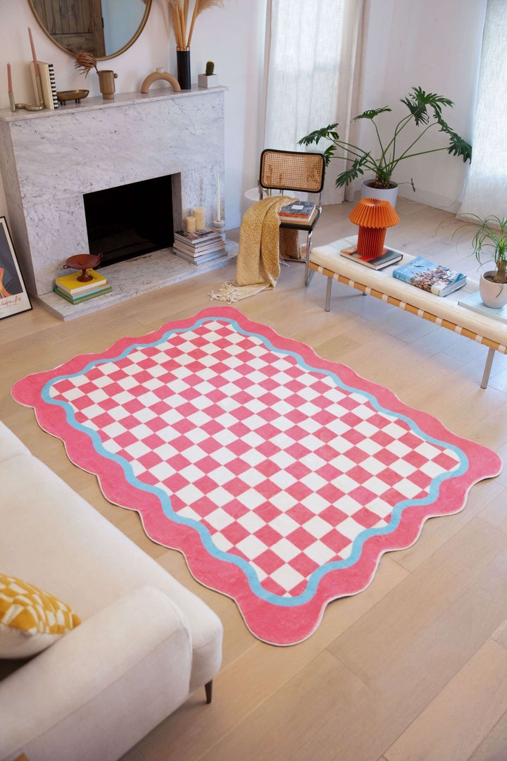 Area Rug Scalloped Edges Bubblegum Checkered Wavy Border