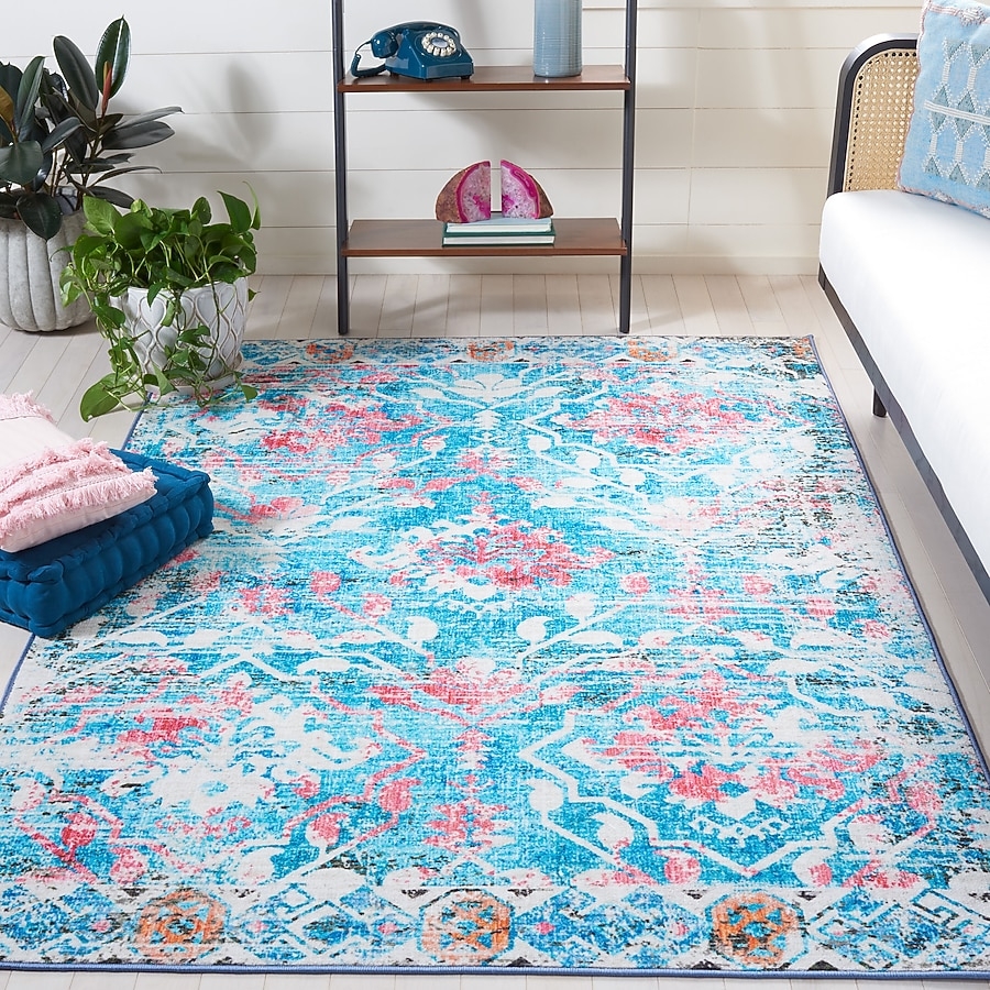 Area Rug Square Silhouette Machine Washable Blue Pink Medallion
