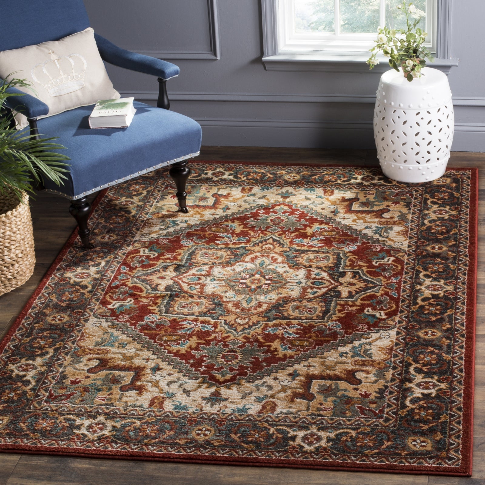 Area Rug Traditional Slate Grey Border Medallion Floor Mat