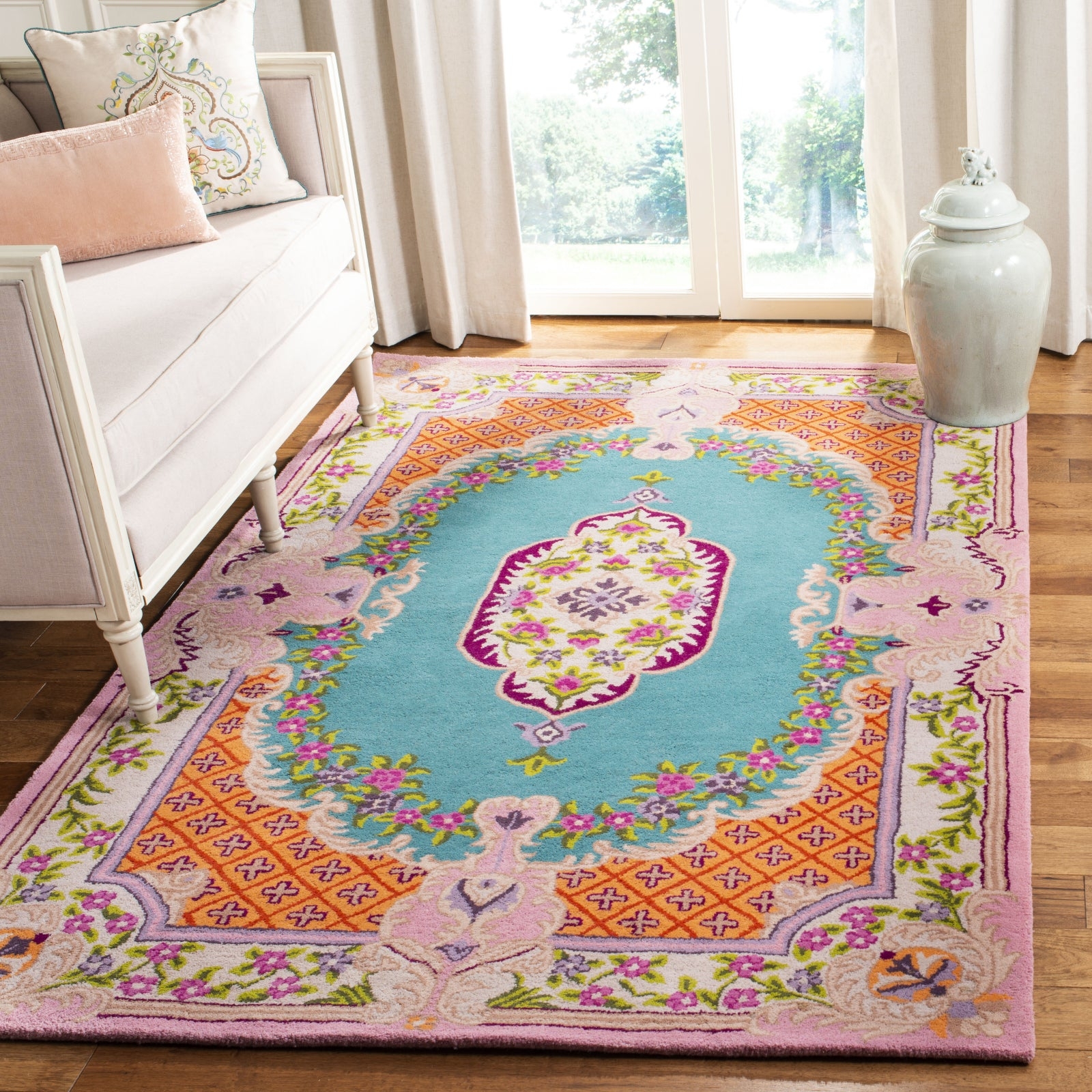Area Rug Transitional Teal Floral Medallion Rug Blush Tones