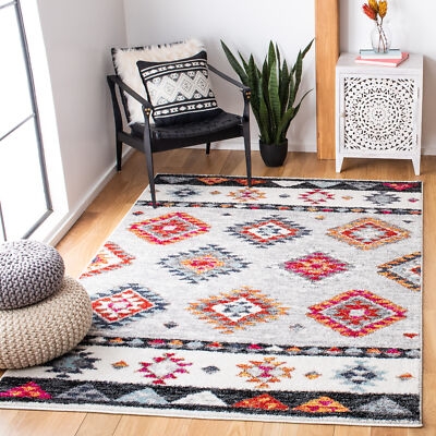 Area Rug Tribal Diamond Prints Light Grey Distressed Base