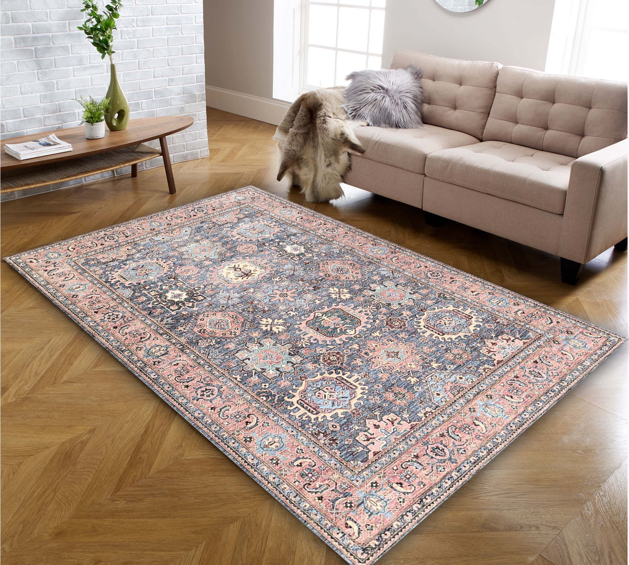 Area Rug Turkish Herringbone Floor Contrast Slate Blue