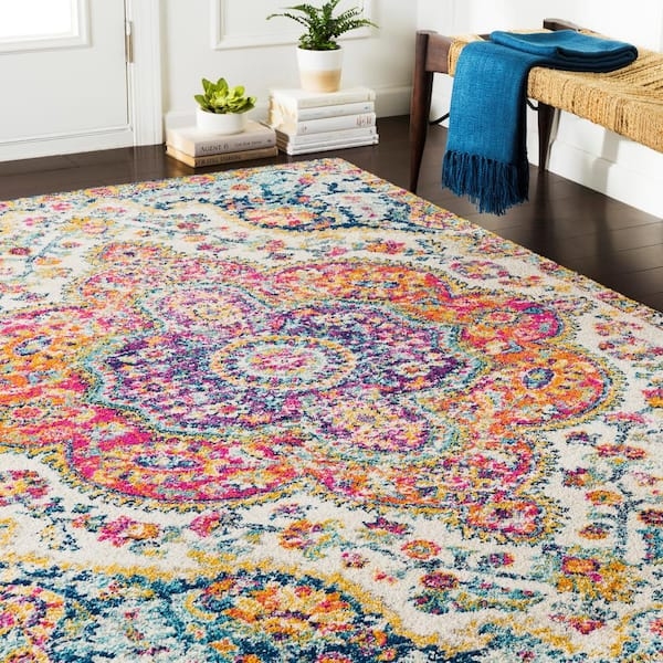 Area Rug Vibrant Multicolor Medallion Blue Pink Oriental