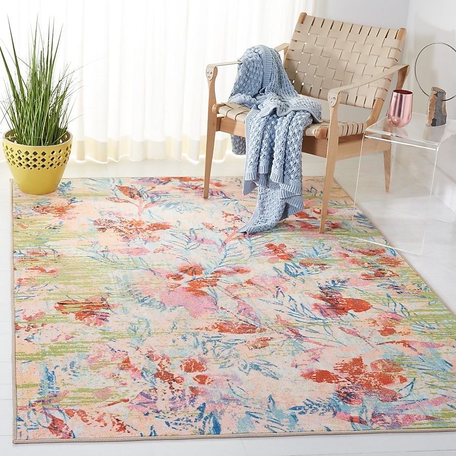 Area Rug Watercolor Floral Pattern Blush Sky Blue Washable