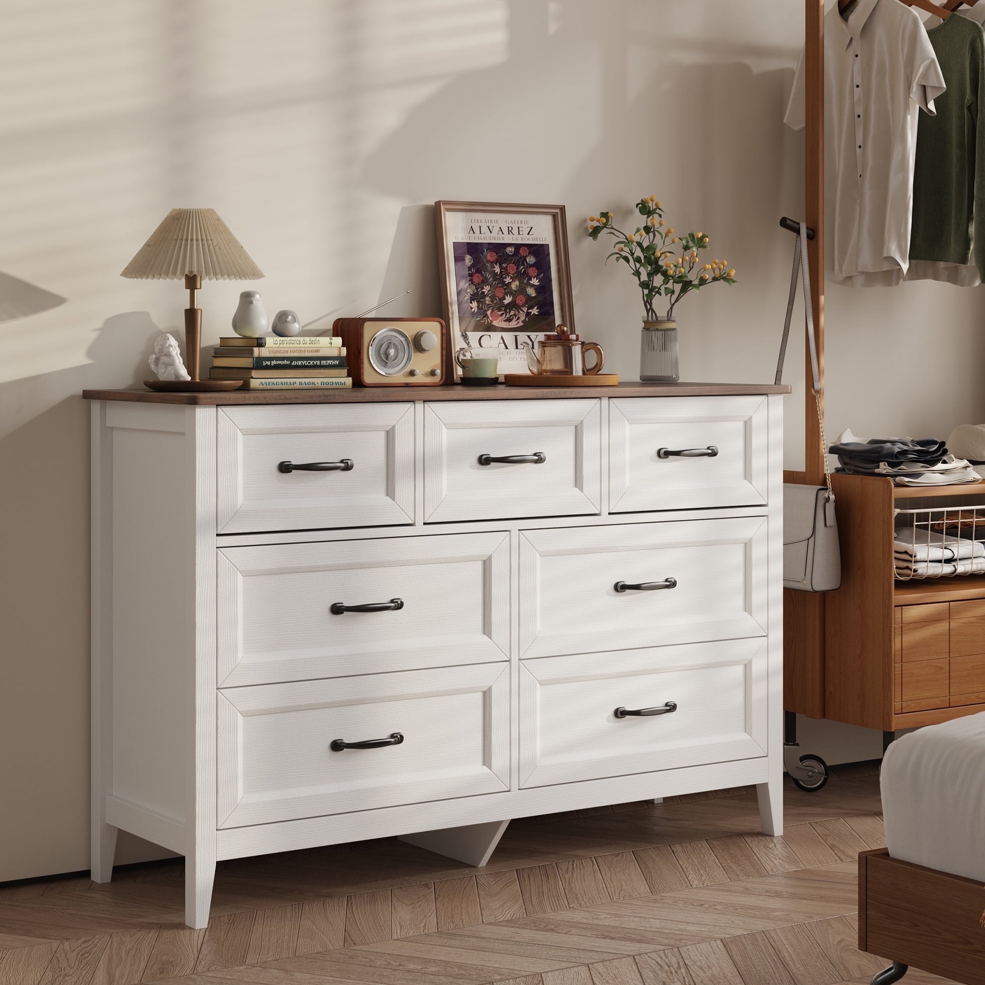 Asofer Dresser for Bedroom, 7-Drawer White Dresser Cabinet with Metal  Handle, Retro countertop -