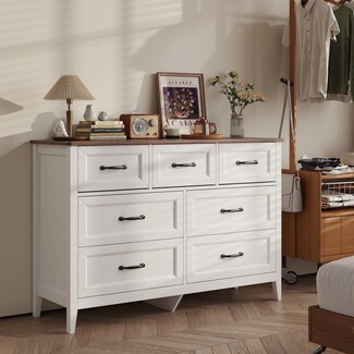 Asofer Dresser for Bedroom, 7-Drawer White Dresser Cabinet with Metal Handle, Retro countertop -