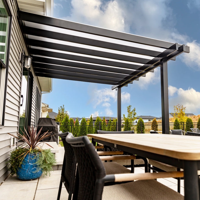 Attached Pergola Featuring Solid Roof Panels and Black Frame