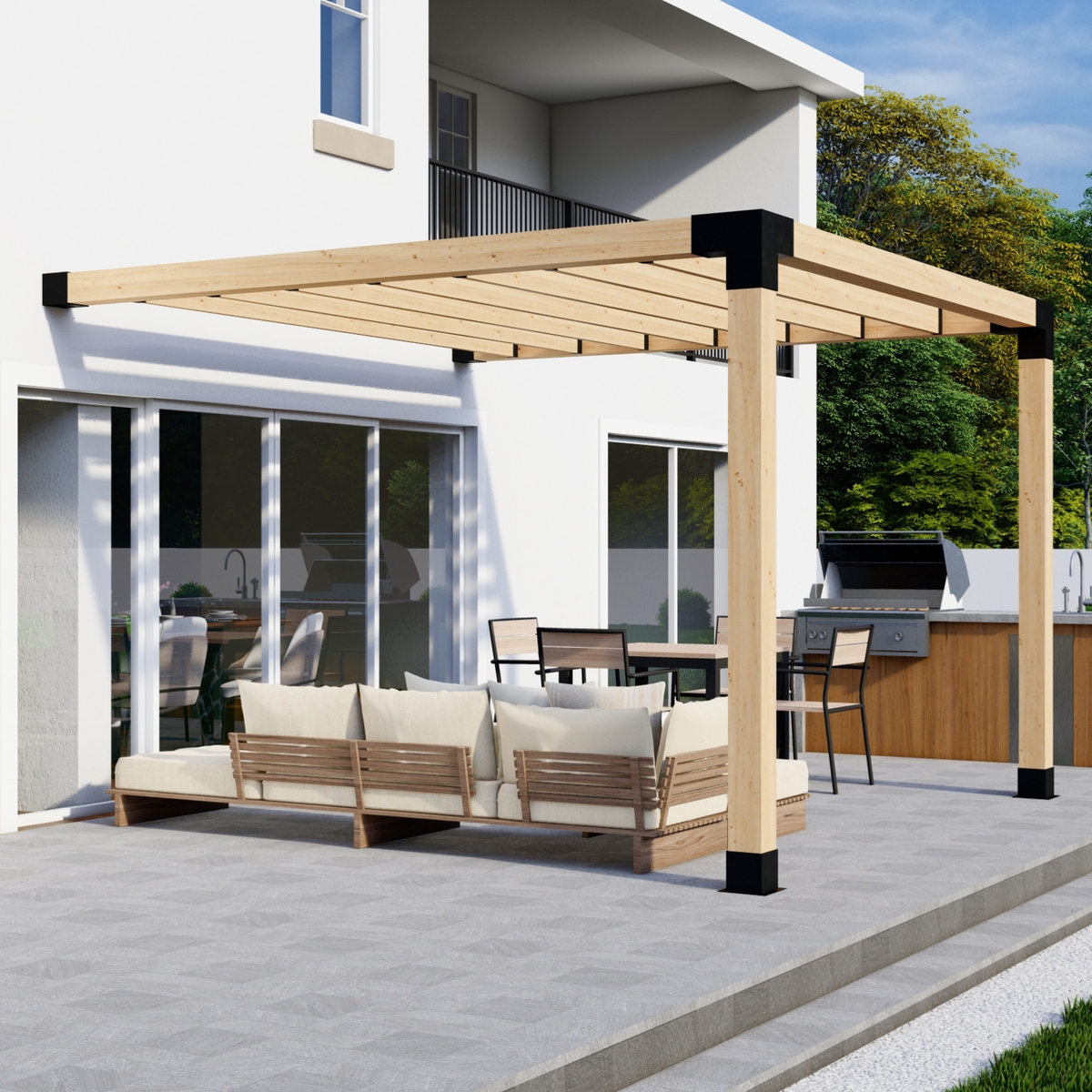 Attached Pergola Using Black Steel Brackets and 6x6 Posts