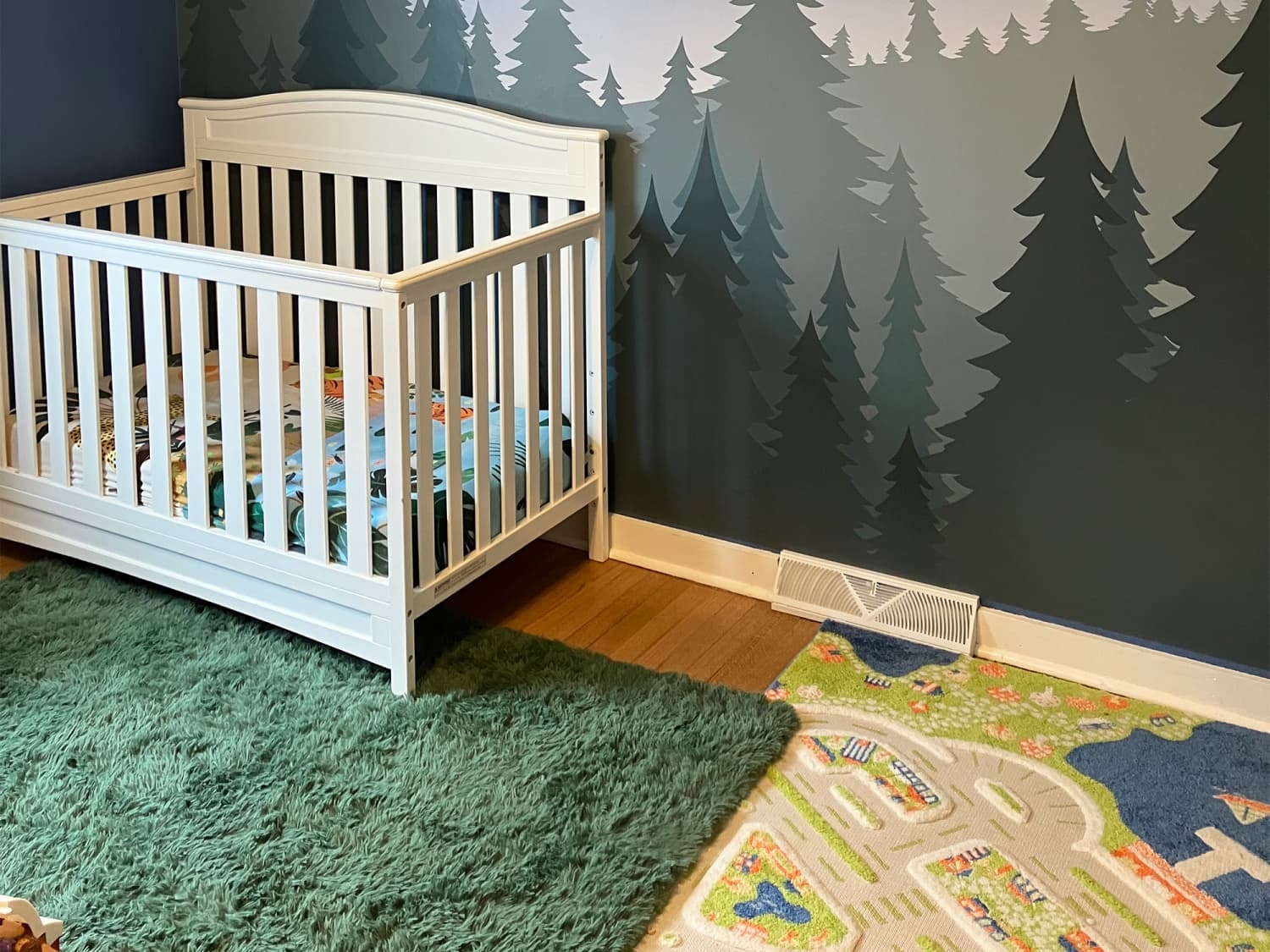 Baby Crib: White Slatted Crib With Forest Nursery Wall Decal
