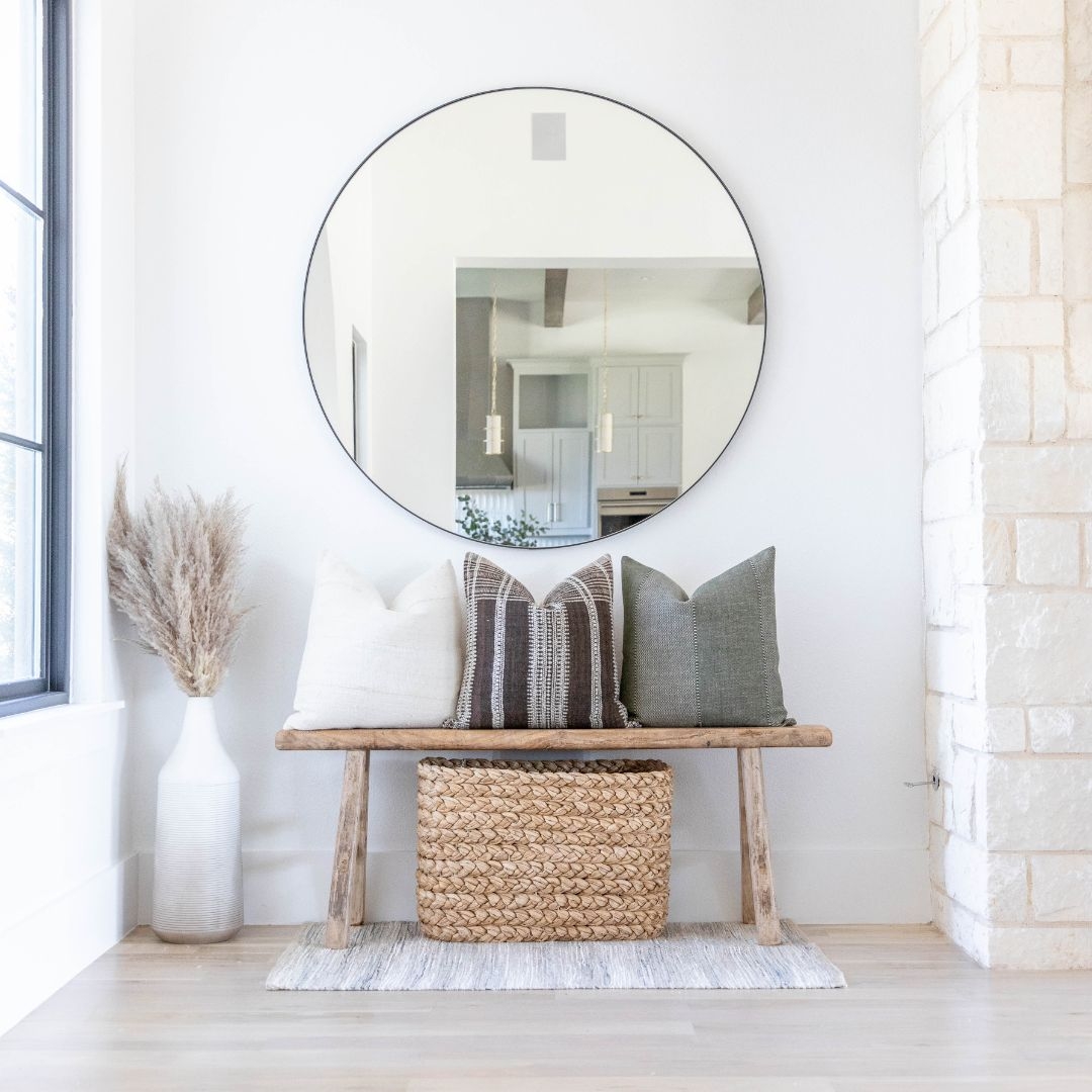 Backless Wooden Bench with Round Mirror and Woven Basket