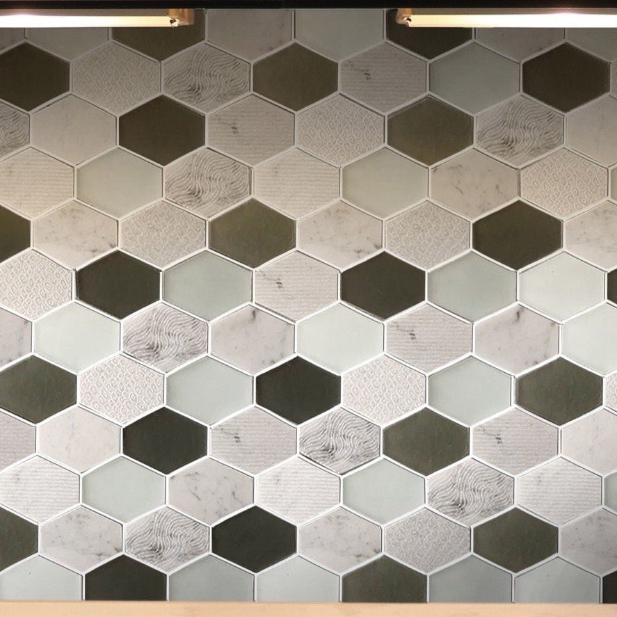 Backsplash Tile: Mixed Textures Olive Green Hexagon Mosaic