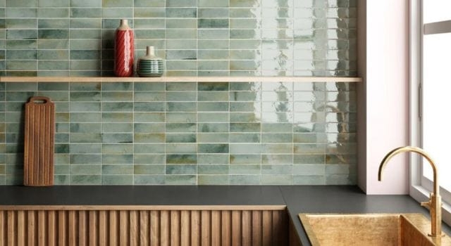 Backsplash Tile: Variegated Green Glaze and Fluted Cabinet