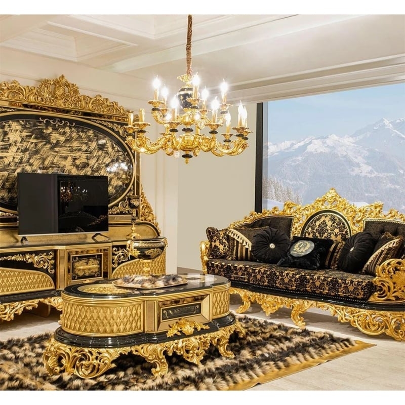 Baroque Living Set with Gold Scrollwork and Ornate Frames