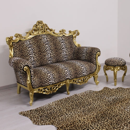 Baroque Sofa Gold Carved Frame Animal Print Velvet