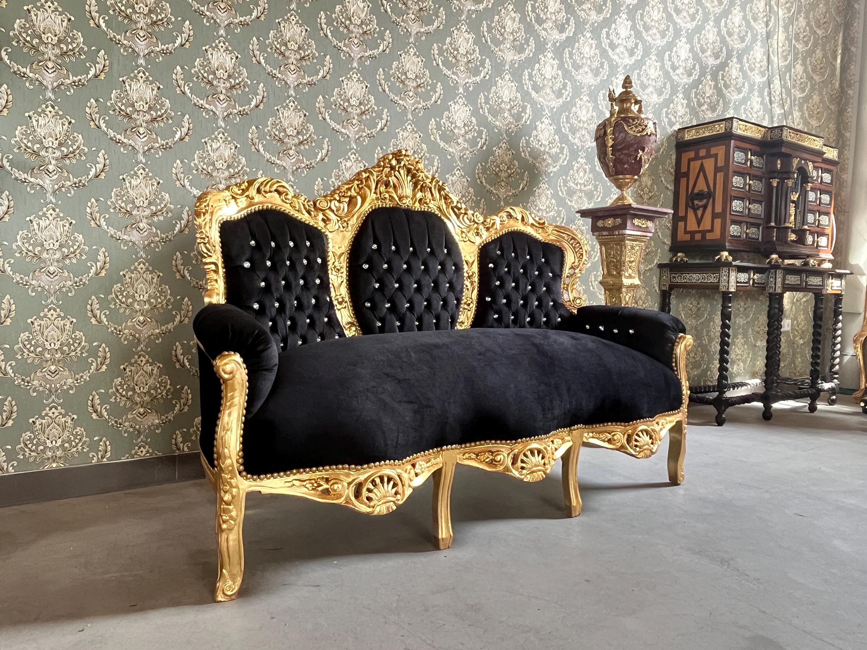 Baroque Sofa with Gilded Carvings and Crystal Button Studs