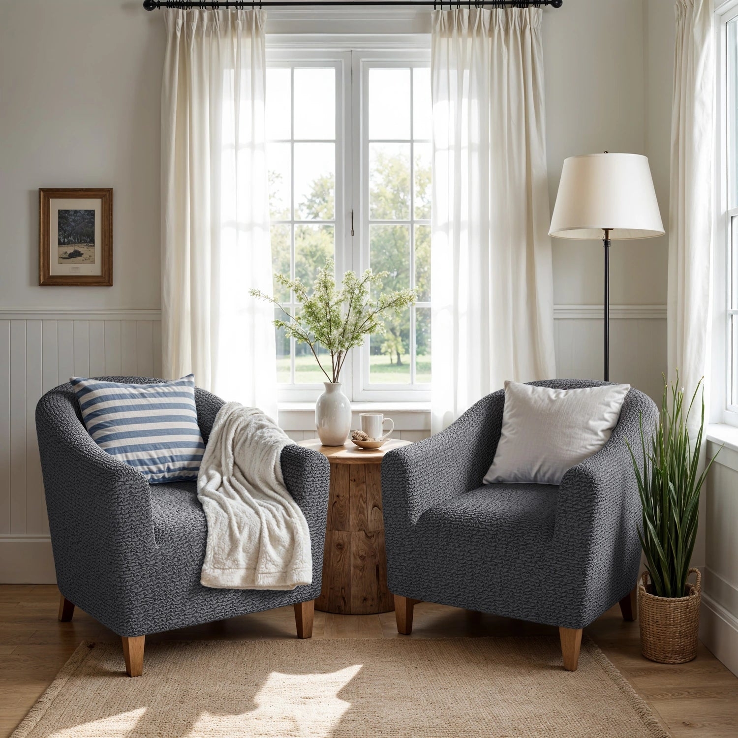 Barrel Chair: Charcoal Grey Textured Weave Accent Seating Pair