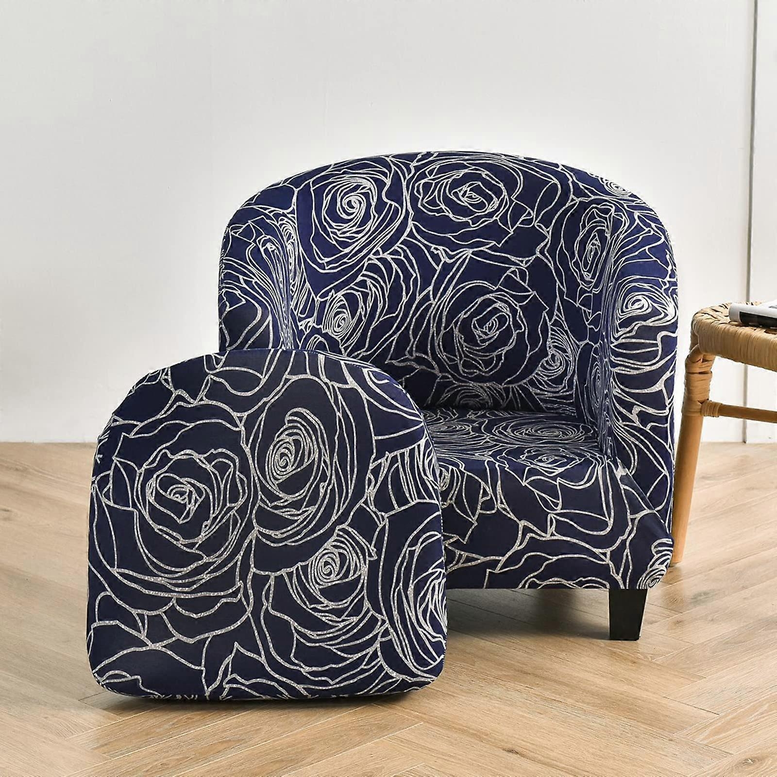 Barrel Chair: Navy Rose Floral Print Stretch Fabric Protector