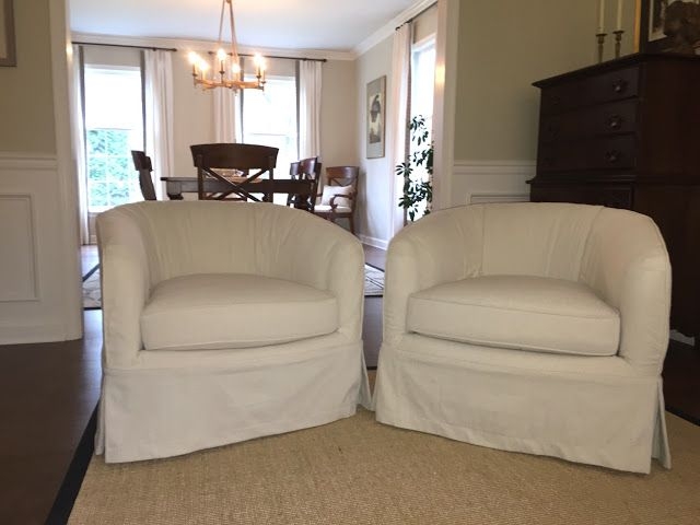 Barrel Chair: Skirted Off-White Slipcovered Farmhouse Seating