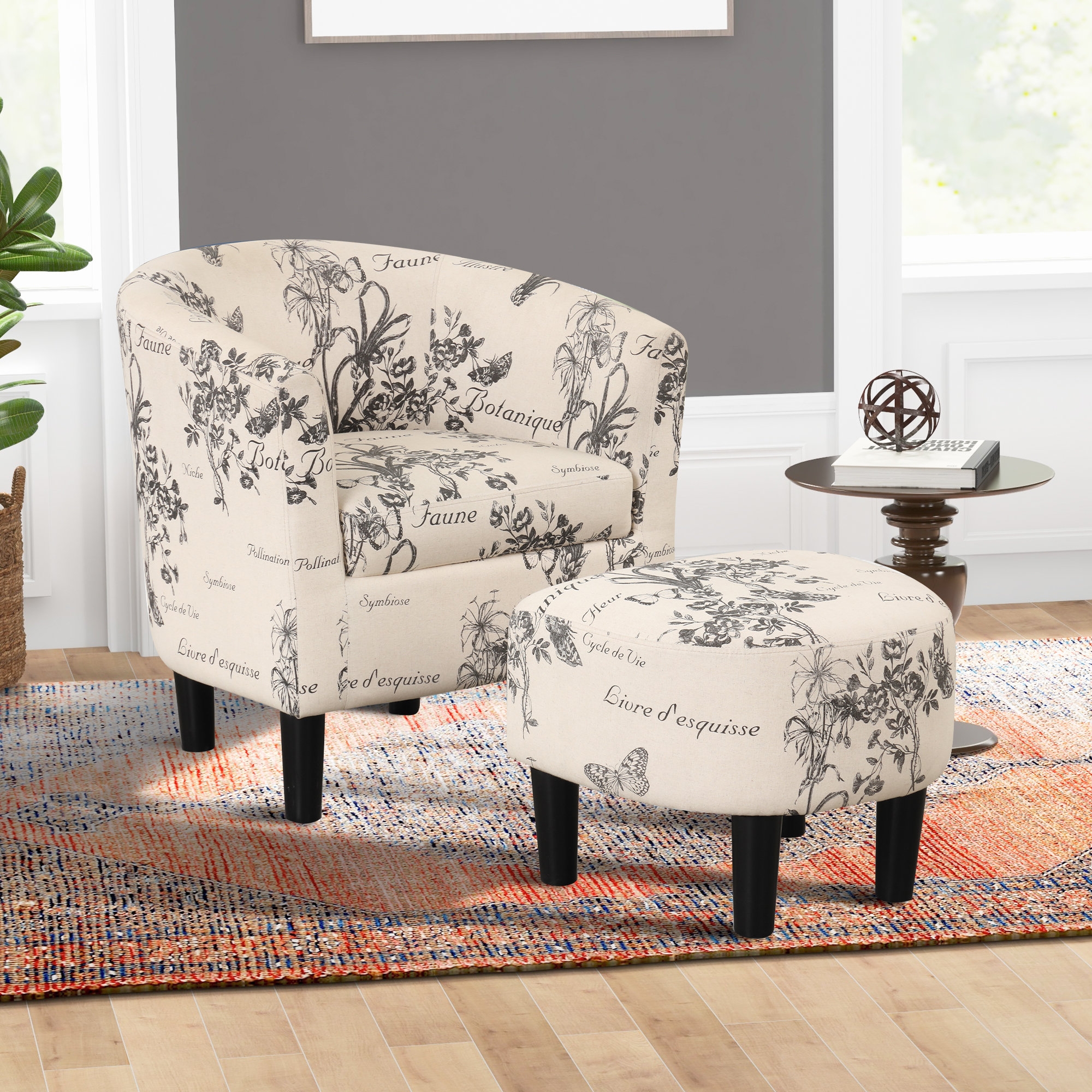 Barrel Chair with Script Pattern and Botanical Print Ottoman