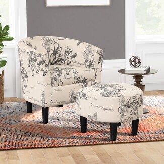 Barrel Chair with Script Pattern and Botanical Print Ottoman