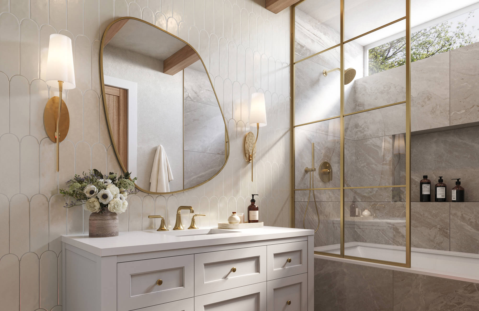 Bathroom Vanity: Organic Shaped Mirror and Scalloped Tiles