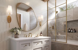Bathroom Vanity: Organic Shaped Mirror and Scalloped Tiles