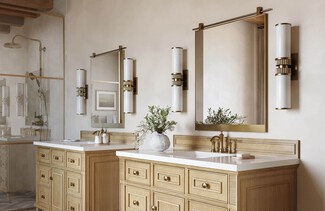 Bathroom Vanity: Ribbed Metallic Accents with Hanging Mirrors