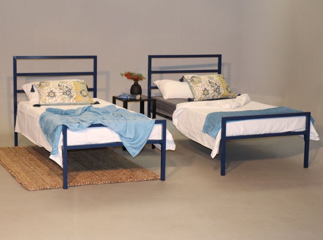 Bed Frame Blue Triple Slat Headboard Steel Finish Set