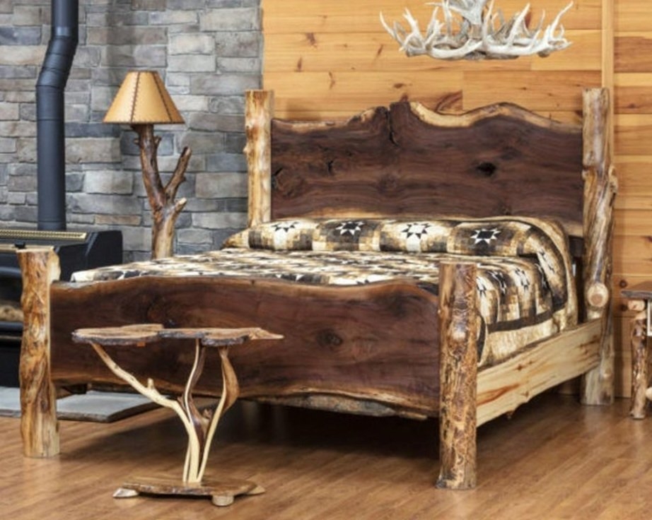 Bed Frame with Aspen Log Posts and Live Edge Walnut Slab