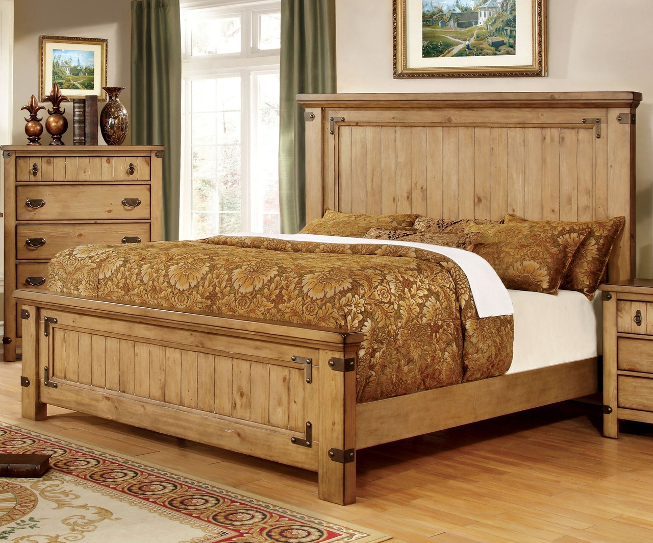 Bed Frame With Vertical Plank Design and Iron Corner Brackets