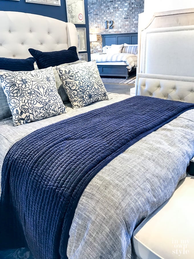 Bed Setup Indigo Velvet Throw Floral Block Print Pillows