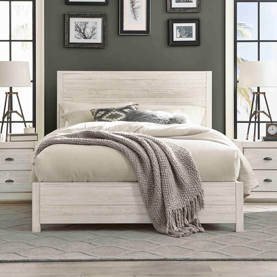 Bed with Horizontal Slat Headboard and Rustic Off-White Wood