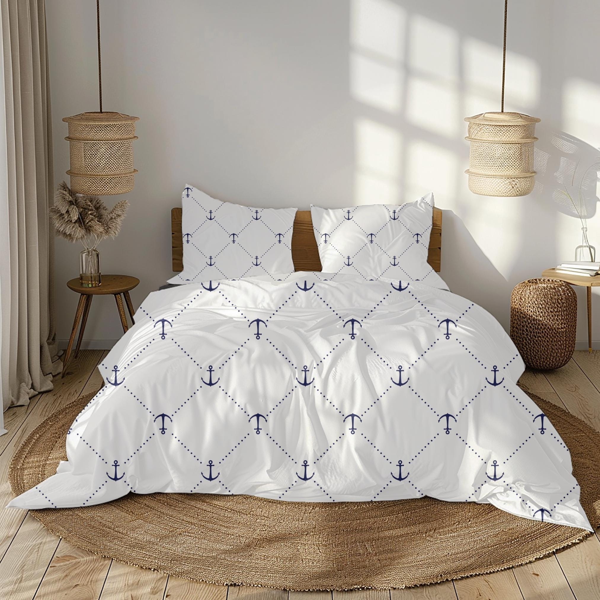 Bedding Set Anchor Lattice Print Indigo Anchor Bedding