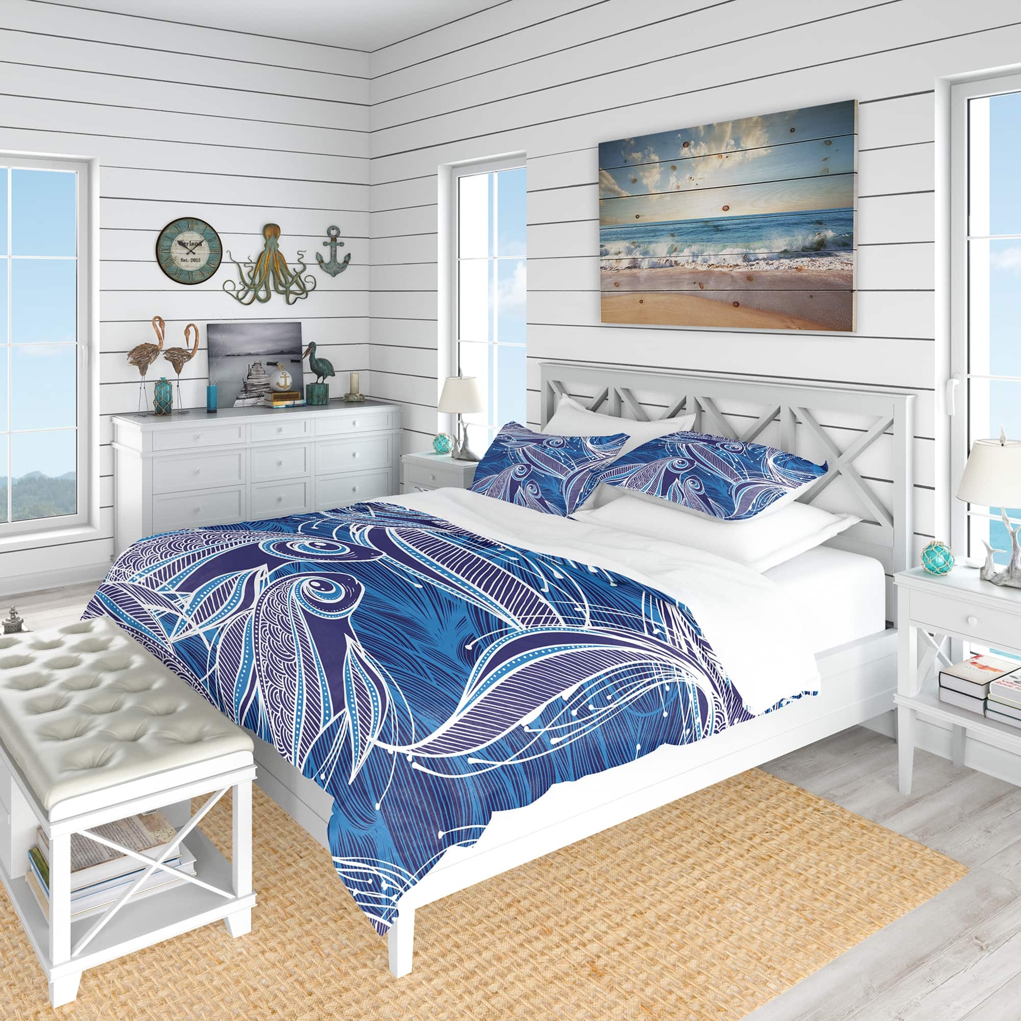 Bedding Set Coastal Fish Pattern Blue Fish Duvet Set
