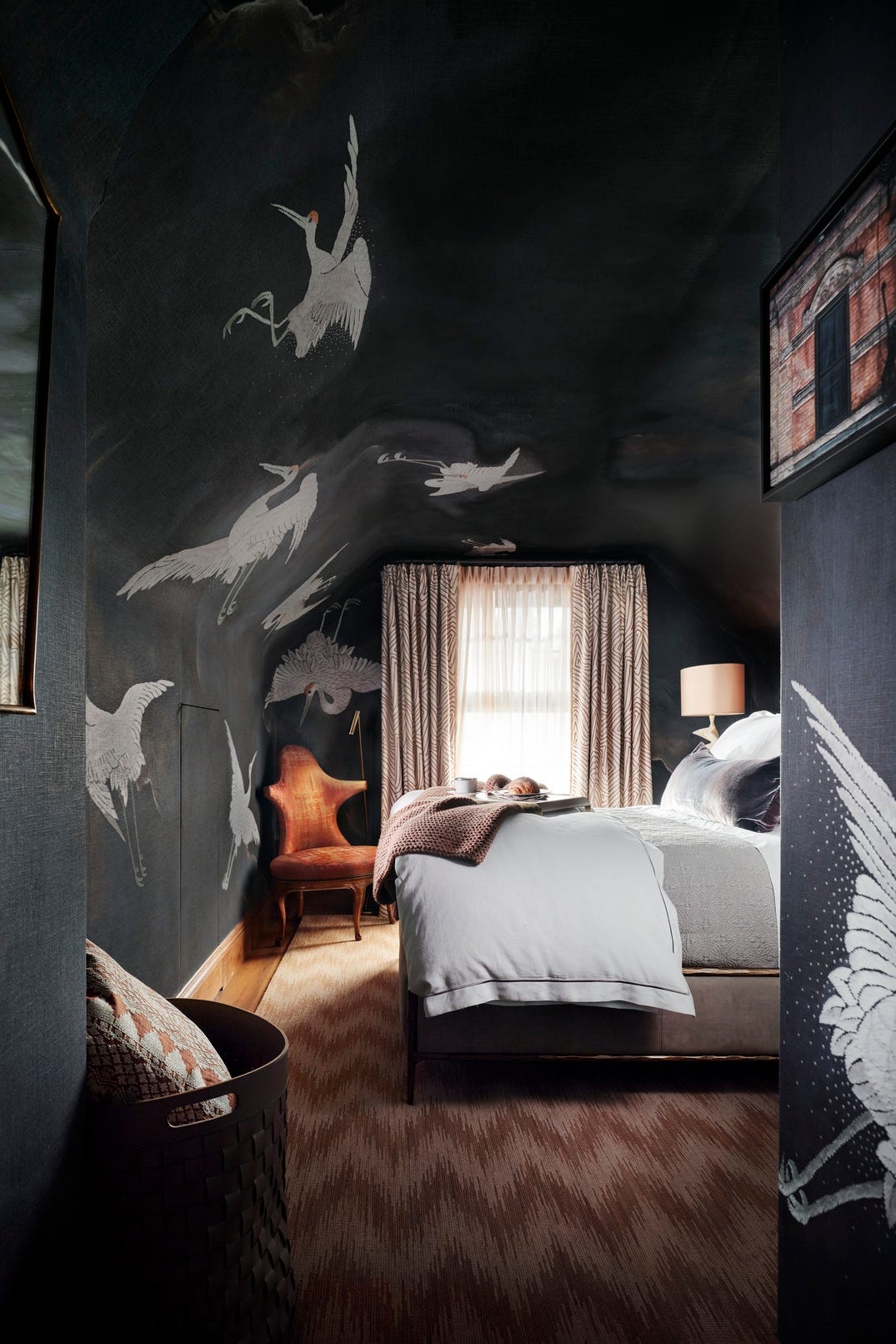 Bedroom Crane Mural Sloped Ceiling Charcoal Grey Tips
