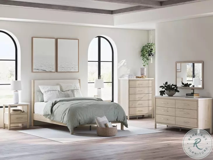 Bedroom Furniture Set in Tan Wood with White Topped Storage