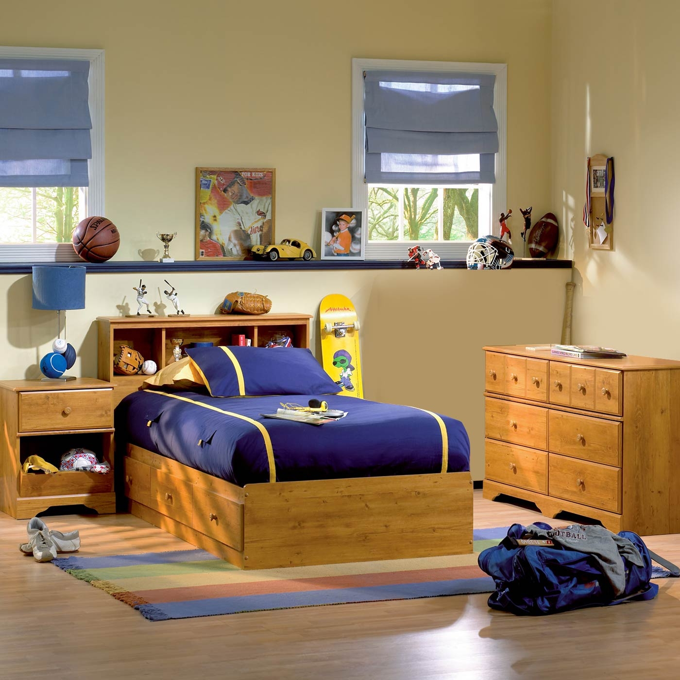 Bedroom Set Featuring Integrated Storage and Wood Bookcase Headboard