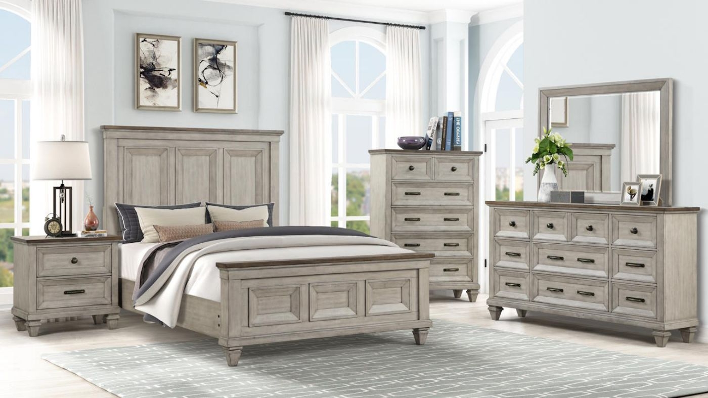 Bedroom Set featuring Two Tone Off White Panel Bed Frame