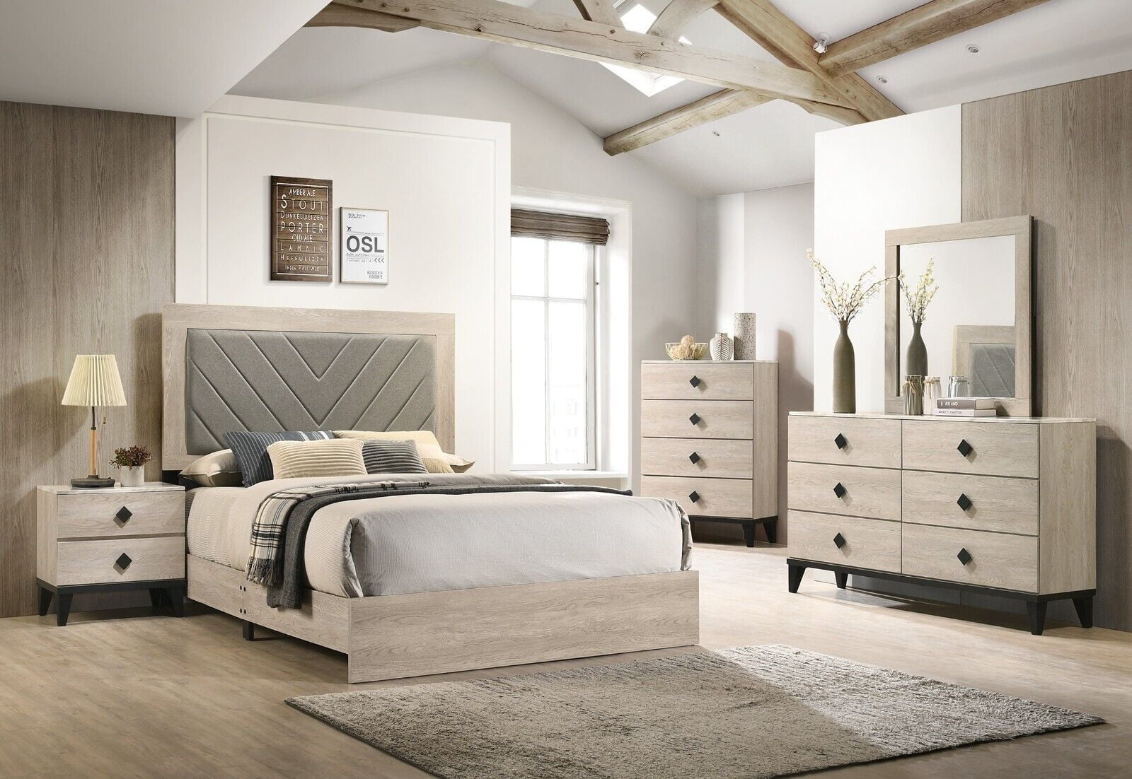 Bedroom Set has Chevron Upholstered Transitional Cream Bed