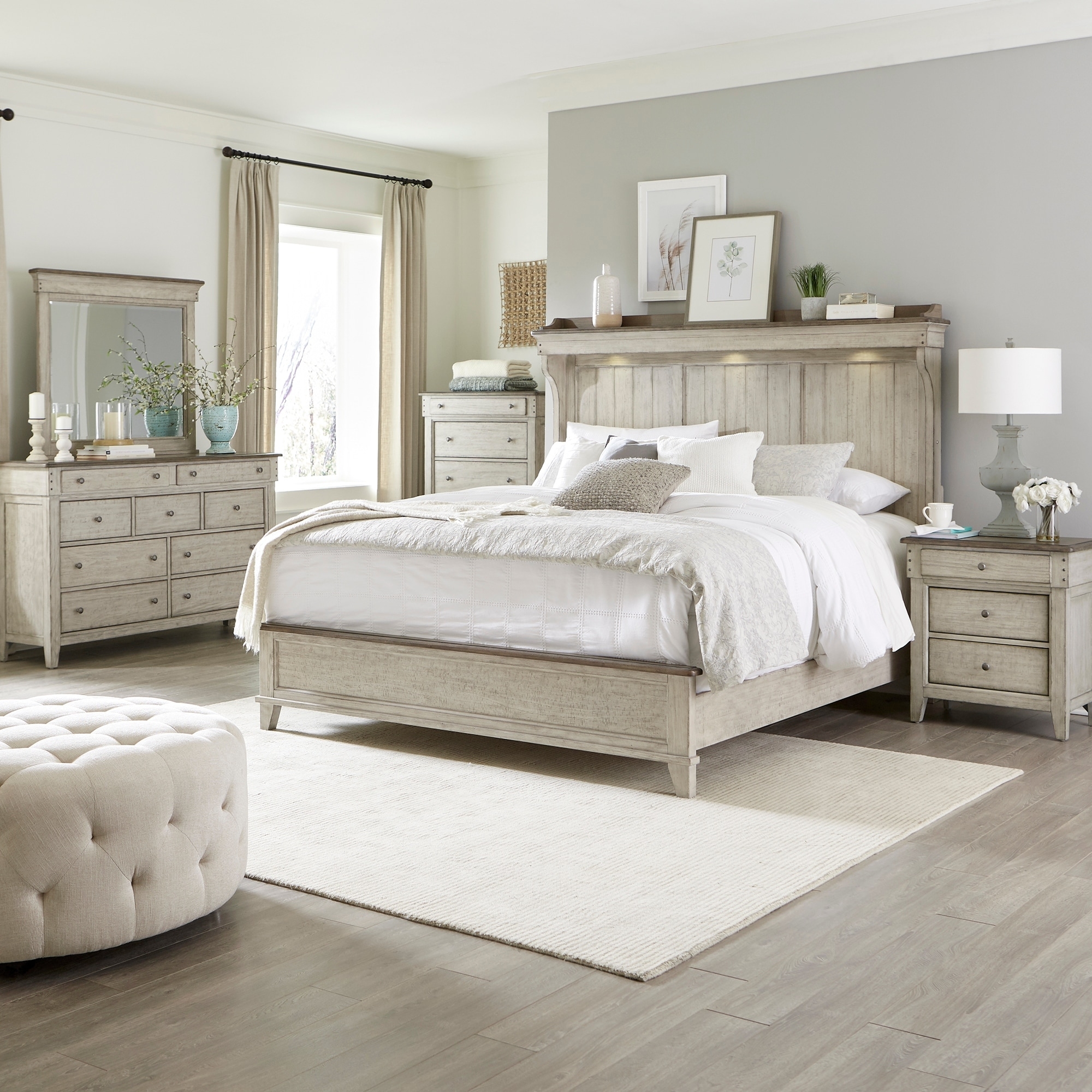 Bedroom Set showcases Mantle Headboard and Distressed White Wood