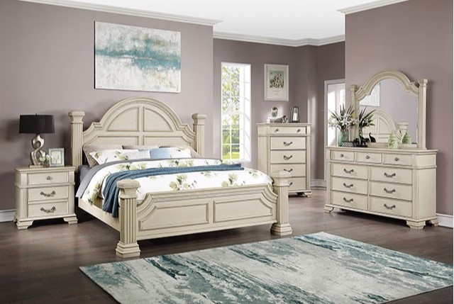 Bedroom Set using Arched Headboard and Antique White Finish