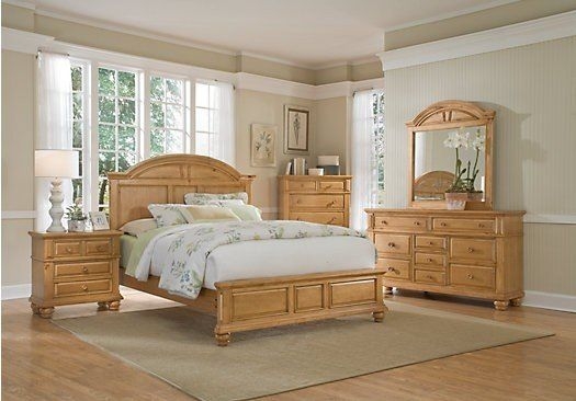 Bedroom Set With Arched Camelback Headboard and Honey Pine Finish