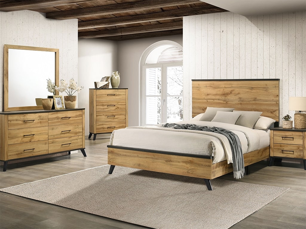 Bedroom Set With Charcoal Tapered Legs and Cathedral Wood Grain