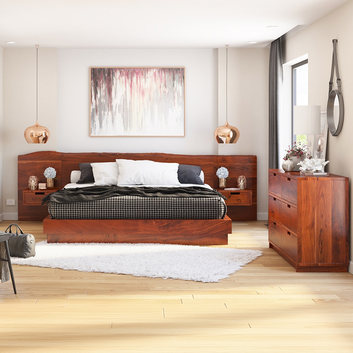 Bedroom Set with Integrated Nightstands and Reddish Brown Wood