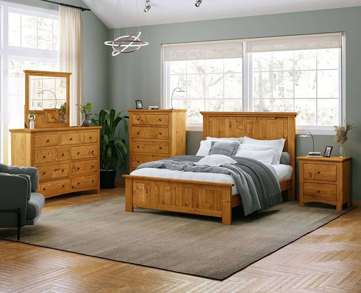 Bedroom Set With Paneled Wood Design and Orbital Ring Pendant